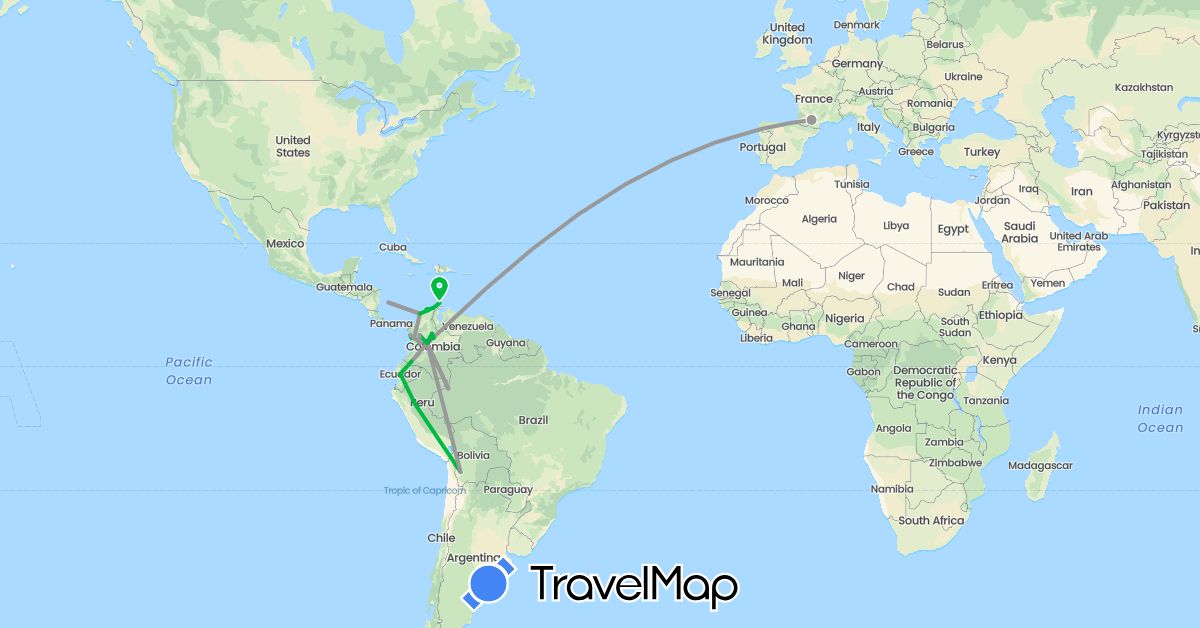 TravelMap itinerary: driving, bus, plane in Bolivia, Colombia, Ecuador, France, Peru (Europe, South America)